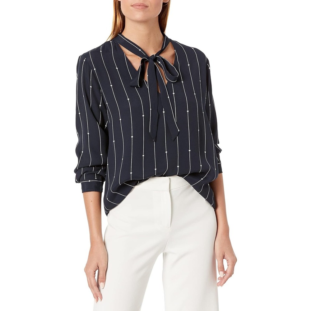 Rails Rhea Striped Stars Navy Blue Tie Neck Blouse XS Pinstripe Star Print Top